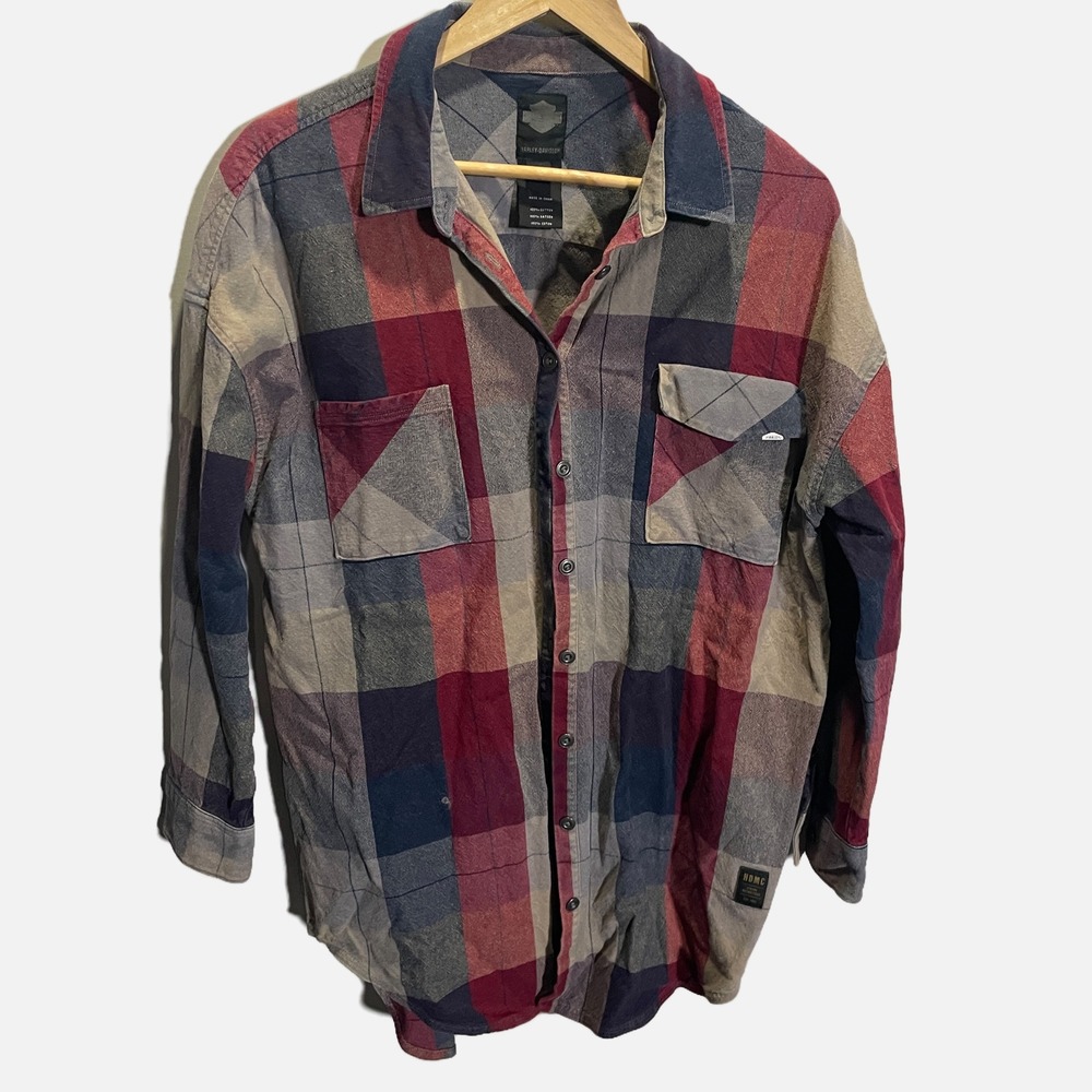 Harley-Davidson Womens‎ Large Plaid Flannel Button Up Shirt HDMC Red Blue Cotton